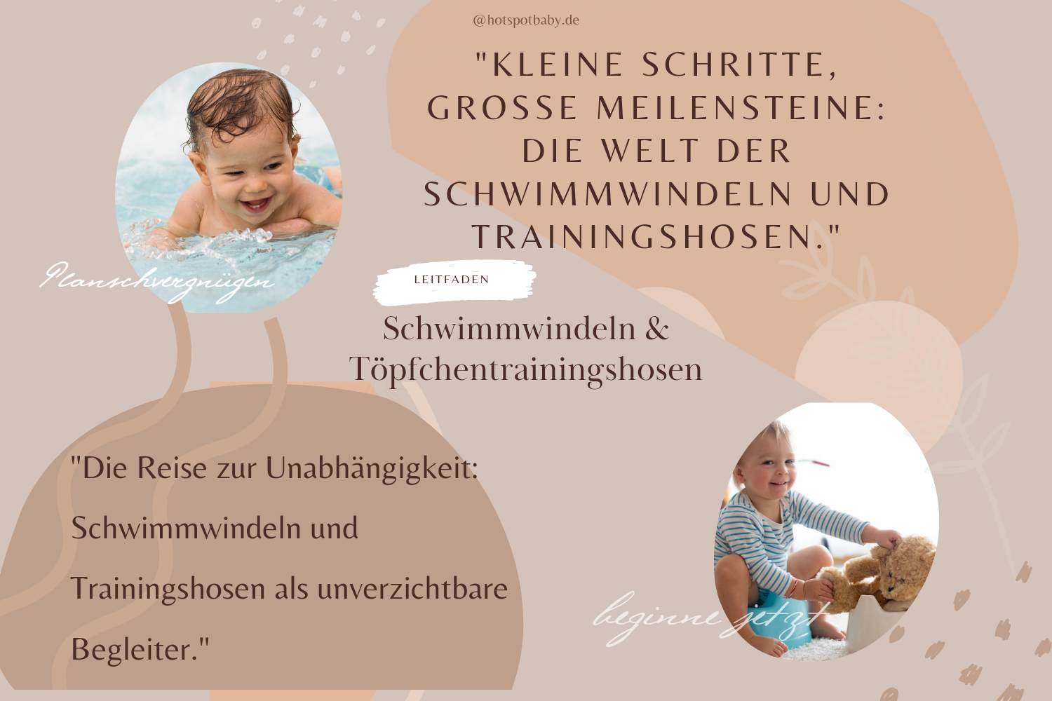 Ein Baby planscht glücklich im Wasser mit Schwimmwindel, während ein Kleinkind auf einem Töpfchen sitzt. Badewindeln und Trainingshosen Ratgeber