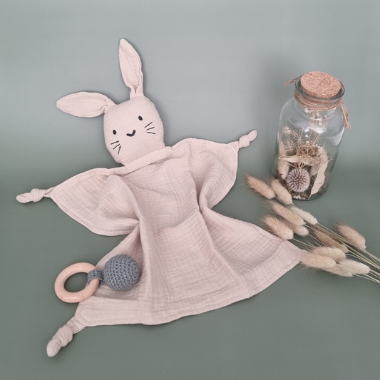 Beiges Baby-Kuscheltuch in Kaninchenform, Musselin aus Bio-Baumwolle, weich und anschmiegsam.“  mit langen Ohren, ideal für Neugeborene. Maße: 30x30cm