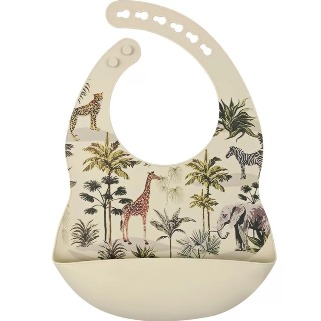 Silikonlätzchen mit Jungle-Design in Beige, wasserabweisend und leicht zu reinigen, mit Auffangtasche