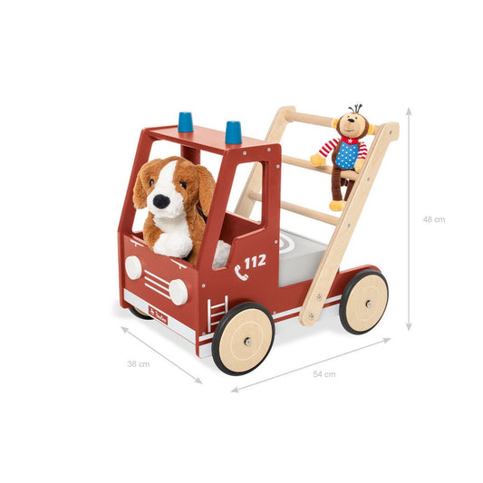 Lernlaufwagen 'Feuerwehrauto Fred' in Rot, Holzspielzeug mit Leiter und Sirenenmotiv, für Kleinkinder. Maße 48cm hoch, 54c tief, 38cm breit