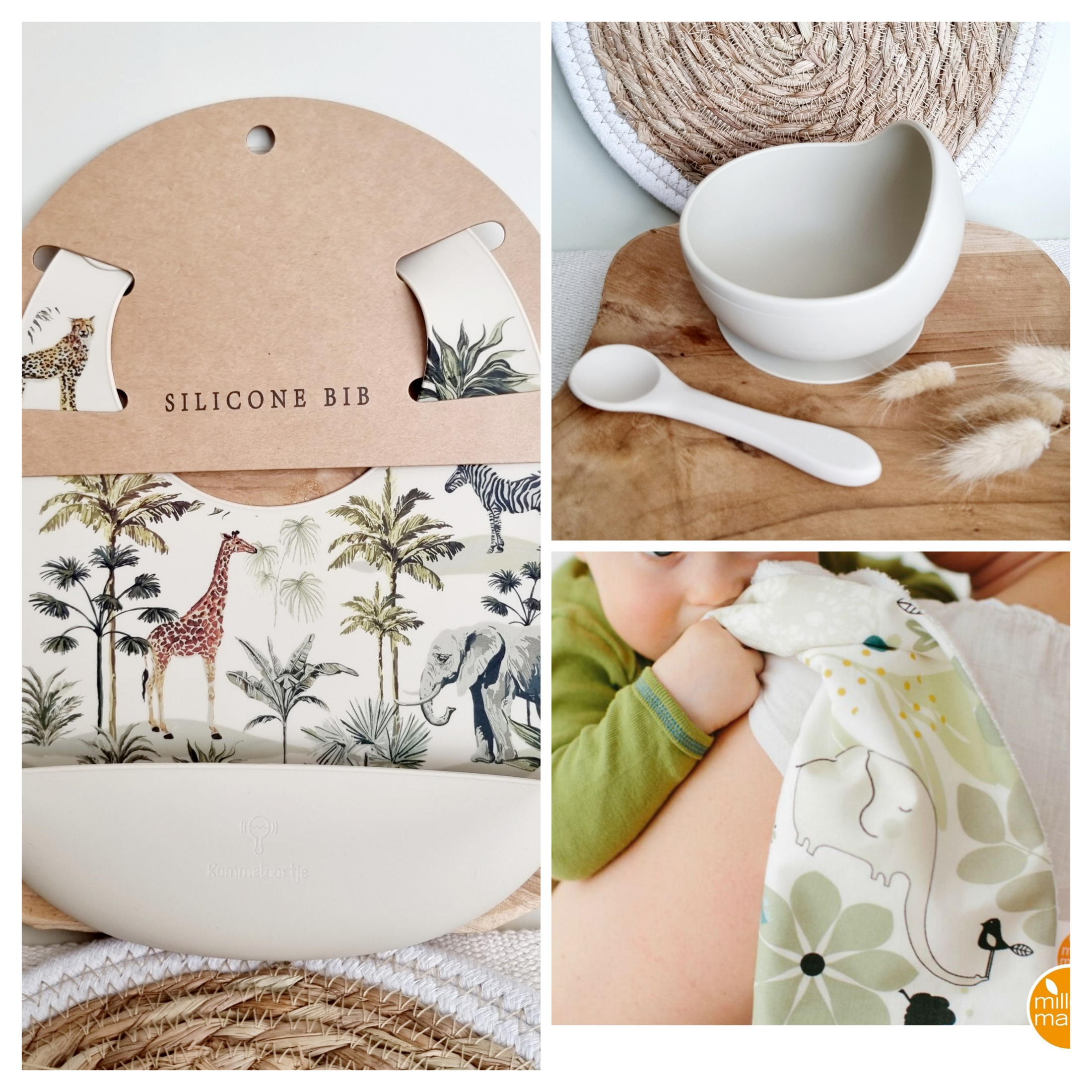 Kindgerechtes Fütterung-Set für entspannte Mahlzeiten,- bestehend aus Silikonlätzchen, Breischale mit Löffel und Spucktuch. Farblich  abgestimmt in harmonischen Beige und Grüntönen .