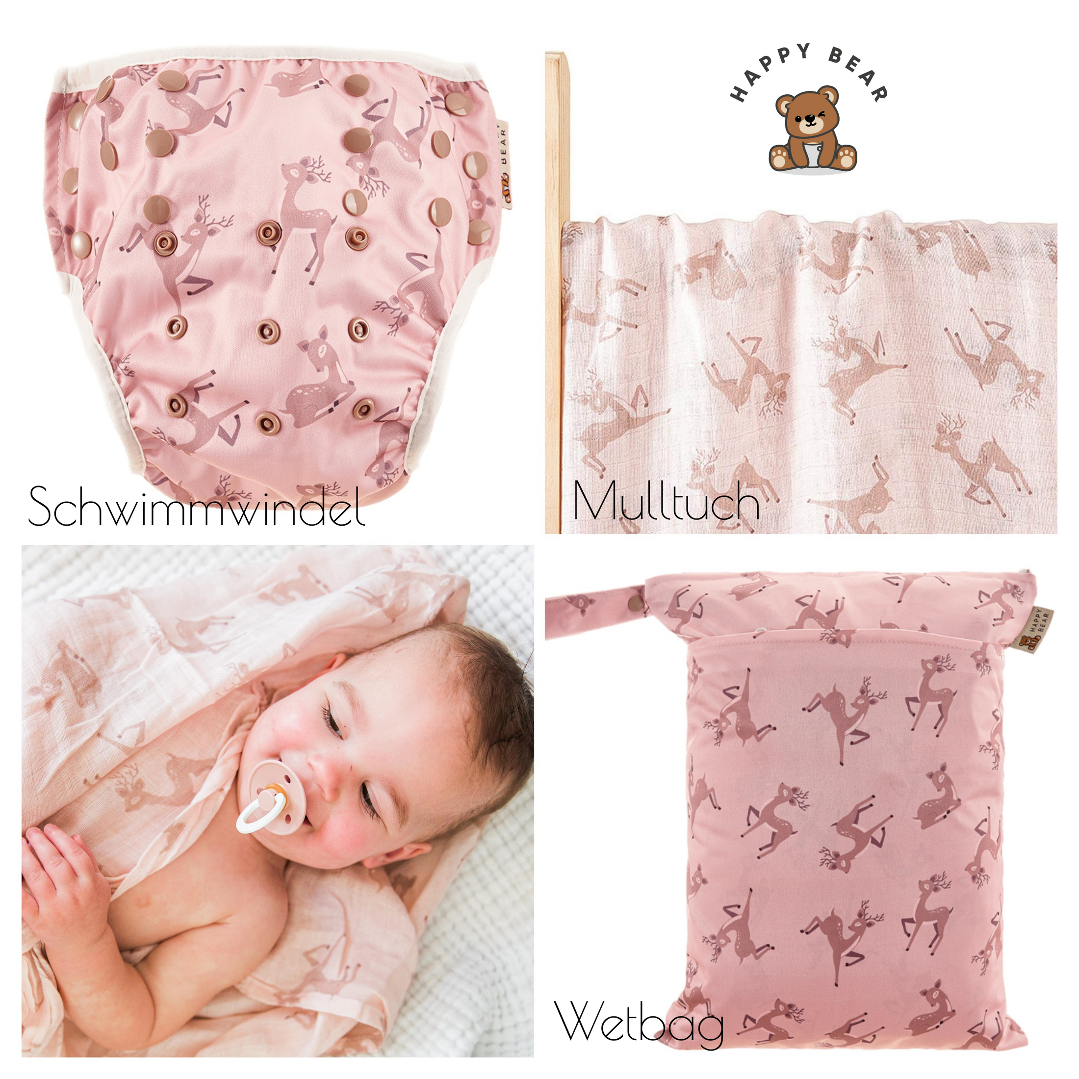 Happy Bear | Baby-Set Rosa - Rehkitz: Schwimmwindel, Mulltuch & Wetbag im Vorteilsbundle,Farbe: Rosa / Rosagold