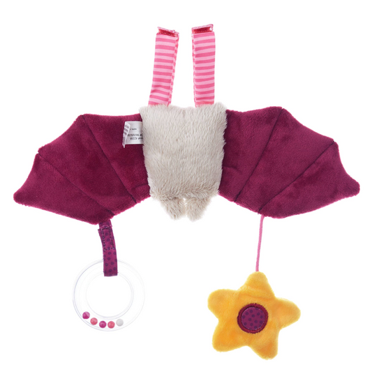 Rückansicht Anhänger Fledermaus in Rosa, aus weichem Stoff, mit Glöckchen und Befestigungsschlaufe