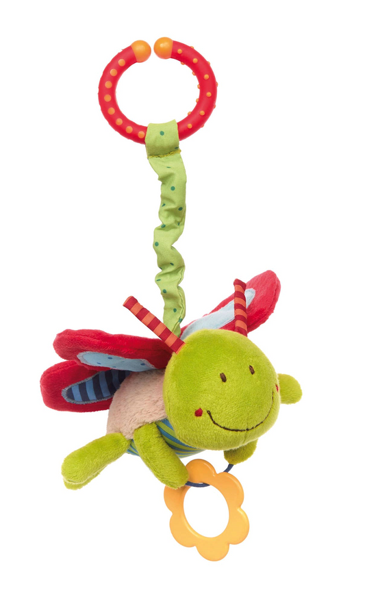 Anhänger Schmetterling in Grün und Rot, mit Rassel und Beißring, für Babyschale oder Kinderwagen.