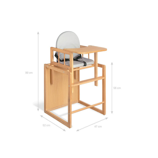 Kombi-Hochstuhl 'Lene', klar lackiertes Holz, wandelbar von Hochstuhl zu Stuhl und Tisch, für Babys und Kleinkinder. Maße: 59cm hoch, 52c tief, 47cm breit, 58cm hoch