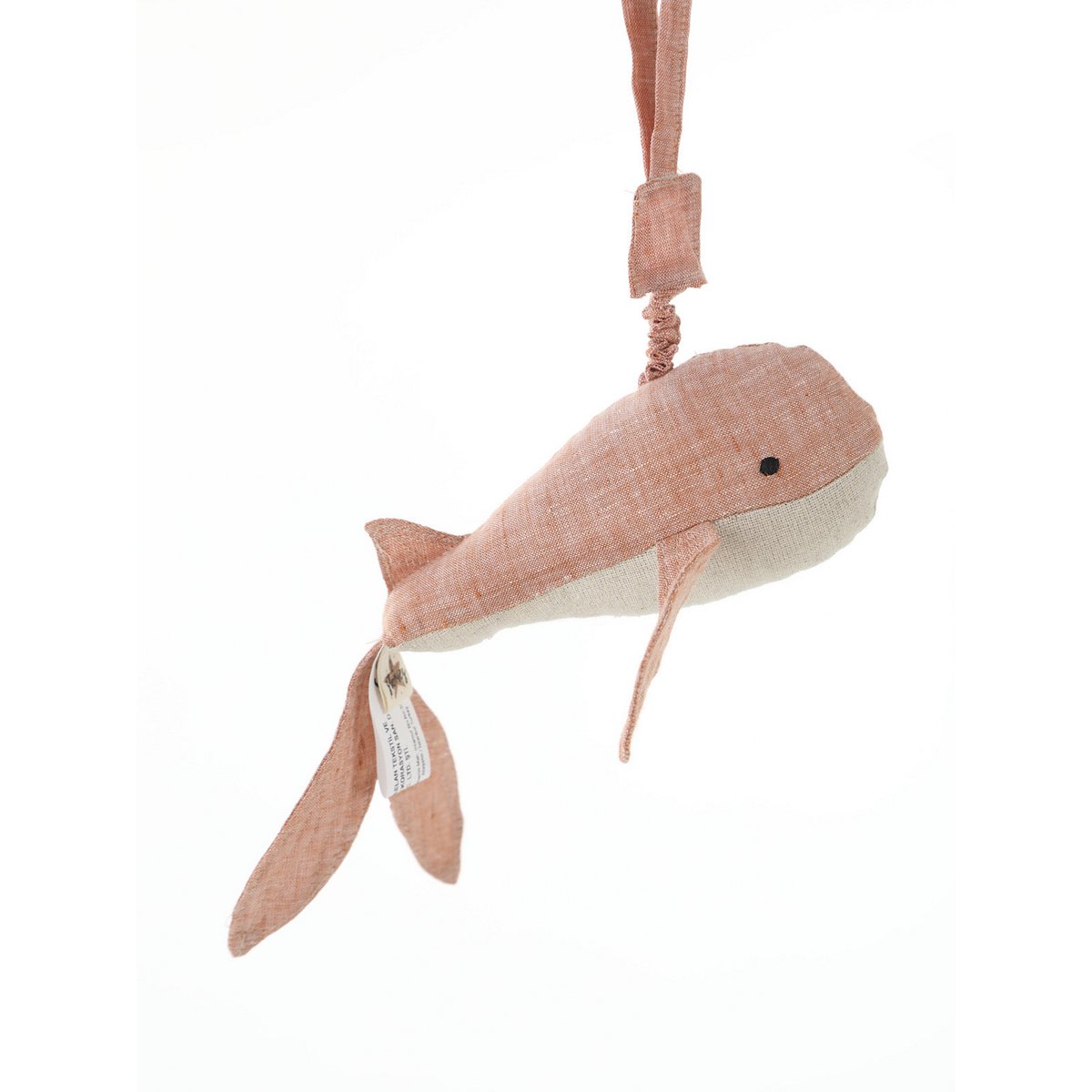 Weiches, vibrierendes Babyspielzeug in Walform aus Stoff und Leinen – in den Farben  Natur/Rosa. Fördert die Sinne und motorische Entwicklung.