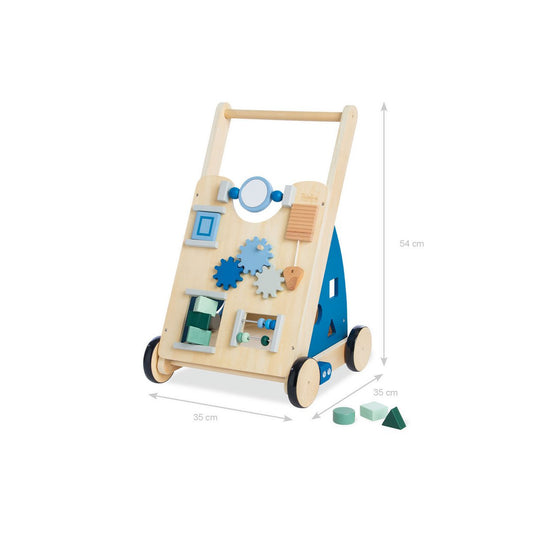 Activity Walker 'Titus' in Blau, Holzspielzeug mit interaktiven Elementen, unterstützt das Laufenlernen. Maße: 54cm hoch, 35cm tief, 35cm breit