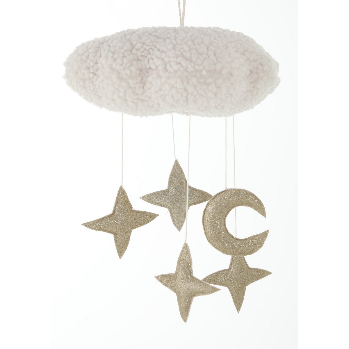 Handgefertigtes CIRRUS Mobile von 2 Stories aus Polyester in Gold, Bronze und Weiß – eine schlichte weiße Wolke schwebt über mehreren glitzernden Sternen. Das Mobile  sorgt über dem Babybett für eine traumhafte Atmosphäre.