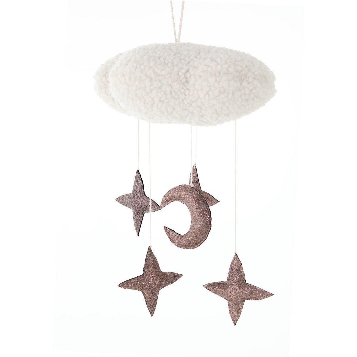 Handgefertigtes CIRRUS Mobile von 2 Stories aus Polyester in Gold, Bronze und Weiß – eine schlichte weiße Wolke schwebt über mehreren glitzernden Sternen. Das Mobile  sorgt über dem Babybett für eine traumhafte Atmosphäre.