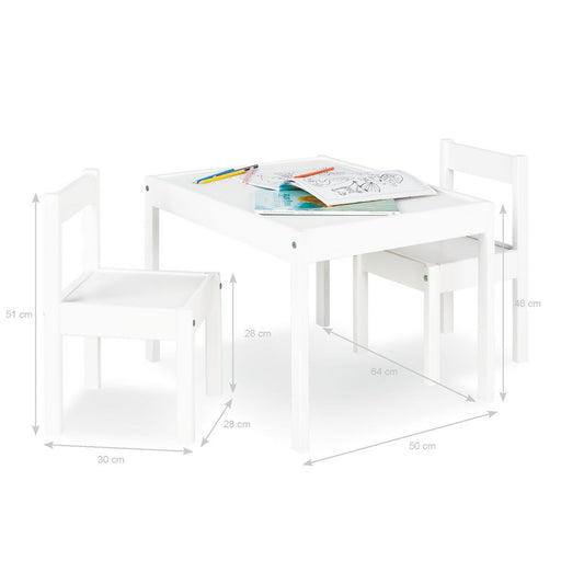 Kindertisch- und Stuhlgarnitur 'Sina', 3-teilig, weiß lackiertes Tischset bestehend aus einem Tisch und zwei Stühlen, ideal für Kinderzimmer. Maße Stuhl: 51cm hoch, 28c breit, 30cm tief, 28cm hoch(Sitzhöhe)