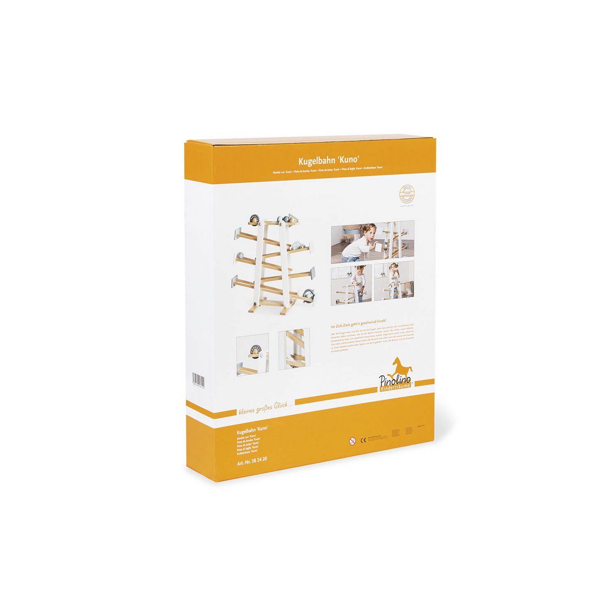 Verpackung im Karton .Kugelbahn 'Kuno' aus Holz, mit bunten Bahnen und rollenden Kugeln, fördert Motorik und Koordination von Kleinkindern