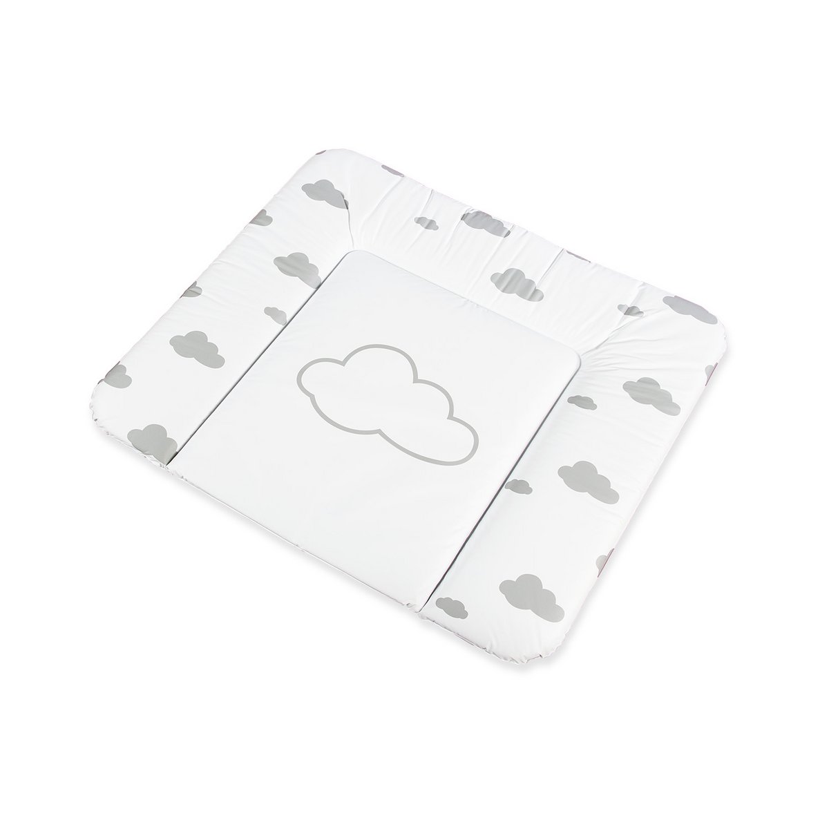 „Wickelauflage 'Wölkchen' in Grau, weiche und abwischbare Oberfläche, mit niedlichem Wolkenmuster.