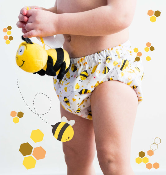 Happy Bear | Windel/Trainingshose mit Bienenmotiv. Farbe: weiß/gelb/schwarz