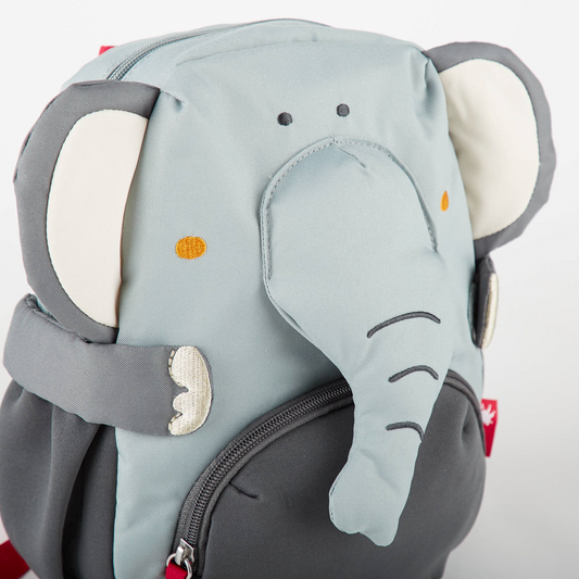Kinderrucksack Elefant von Sigikid, grau mit Rüssel und Ohren, aus weichem Material,mit kleiner Vordertasche und Reißverschluss 5 Liter Volumen