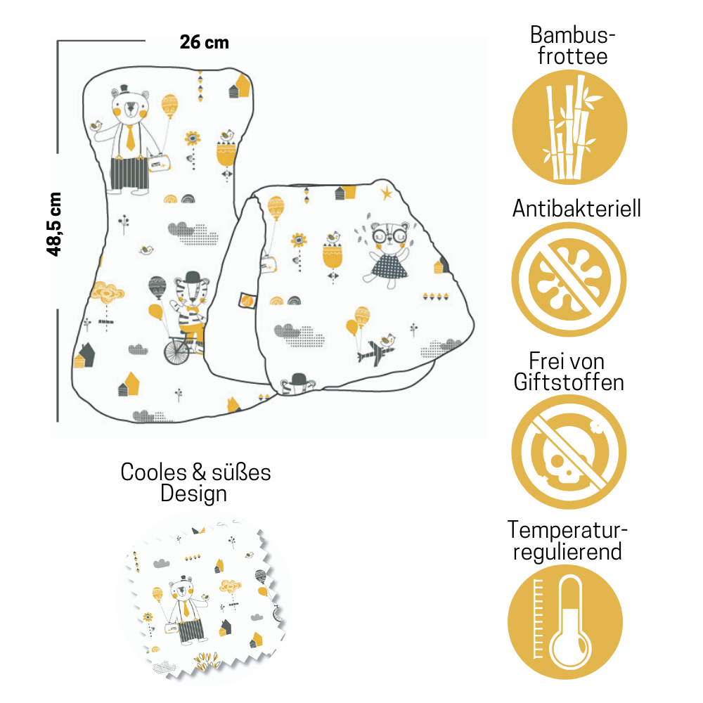 Abmessungen: 26cm x 48,5cm, nierenförmig, Bambusfrottee, antibakteriell, frei von Giftstoffen, temperaturregulierend, cooles und süßes Design