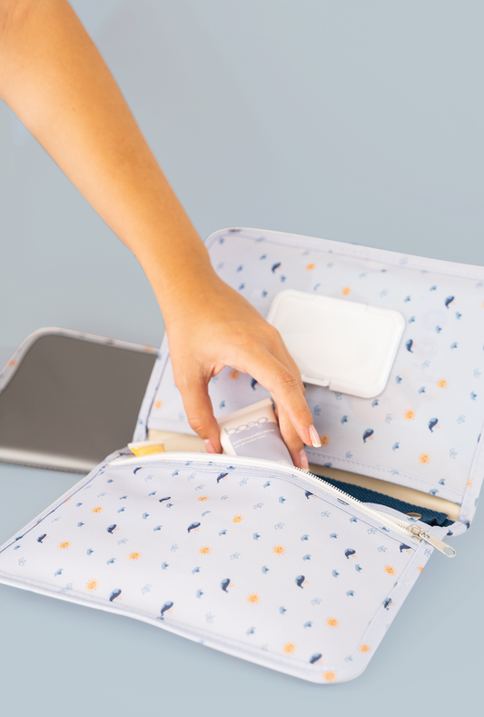 The Cotton Cloud | Windel-Clutch Tasche Origami. Farbe: blau/grau/gelb