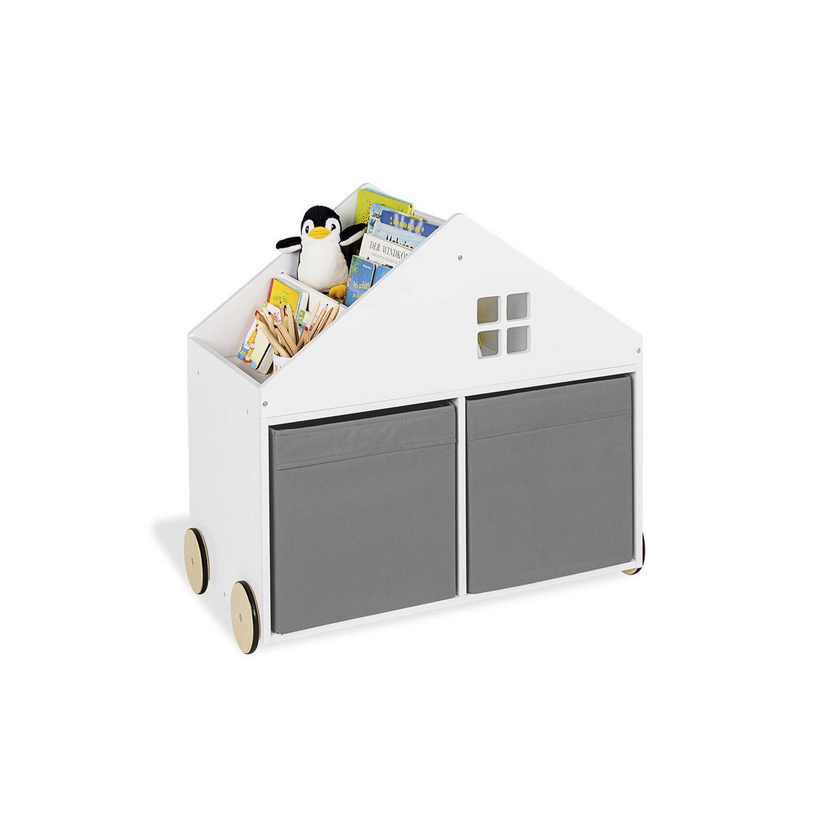 Kinder-Bücherregal 'Hus' auf Rollen, weiß lackiertes Holz, mit mehreren Fächern, für Bücher und Spielzeug