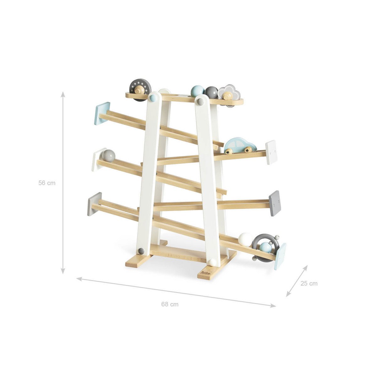 Kugelbahn 'Kuno' aus Holz, mit Naturholz Bahnen und rollenden Kugeln, fördert Motorik und Koordination von Kleinkindern. Abmessungen: 56cm hoch, 68cm breit, 25cm tief