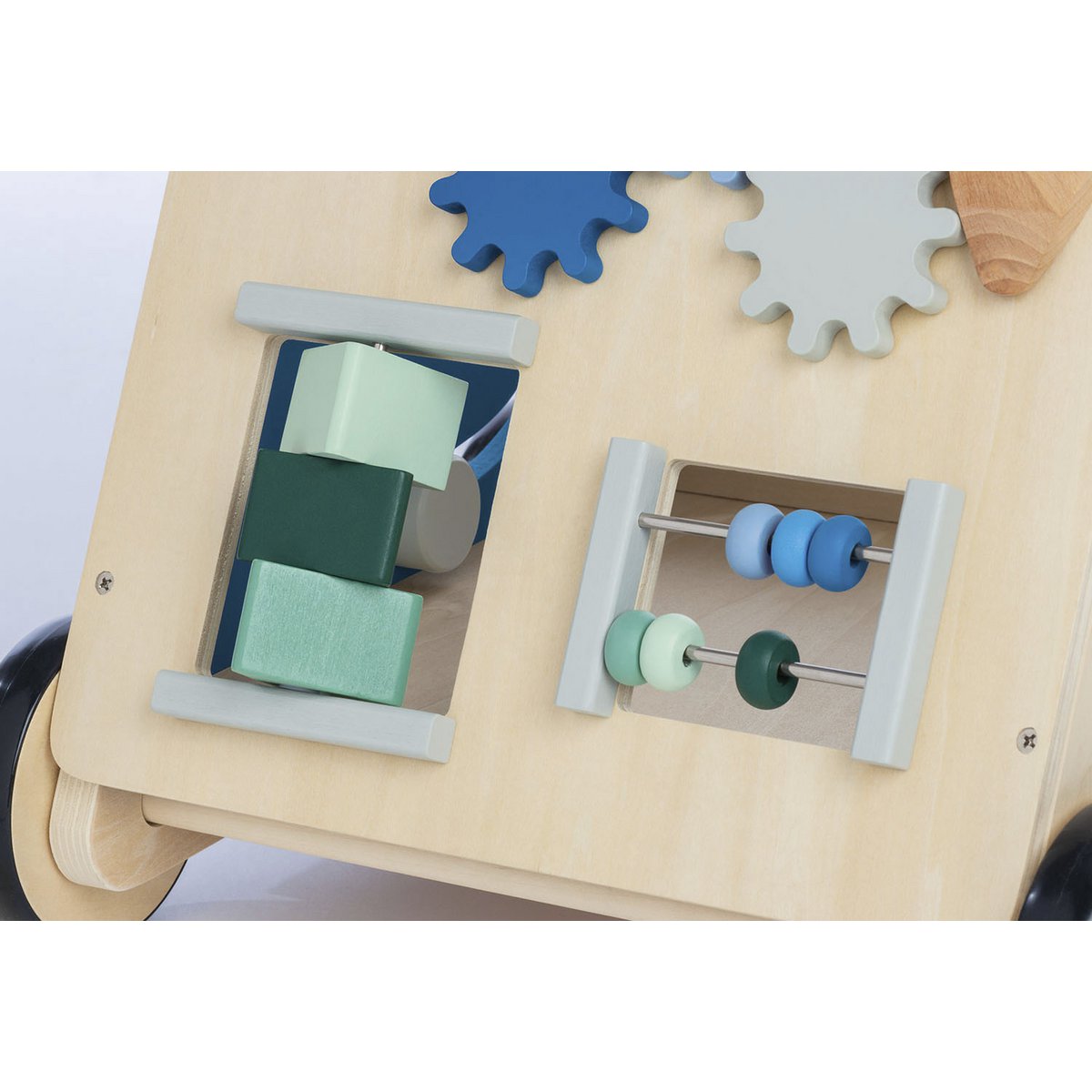 Bauklötze und Holzperlen aneindergereiht, Activity Walker 'Titus' in Blau, Holzspielzeug mit interaktiven Elementen, unterstützt das Laufenlernen