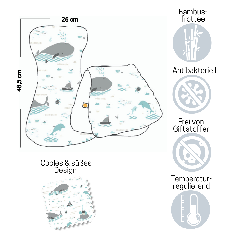 Highlights: nierenförmig – liegt optimal auf der Schulter Bambusfrottee: seidenweich, extra saugstark, antibakteriell & temperaturausgleichend praktisch für unterwegs! Material: Oberseite: millemarille Design / Baumwolle Ökotex Standard 100 zertifiziert Unterseite: Bambusfrottee (Mischgewebe: 80% Bambus, 20% BioBaumwolle, Ökotex zertifiziert) Größe: 48,5 x 26cm Lieferumfang: 1 x Spucktuch