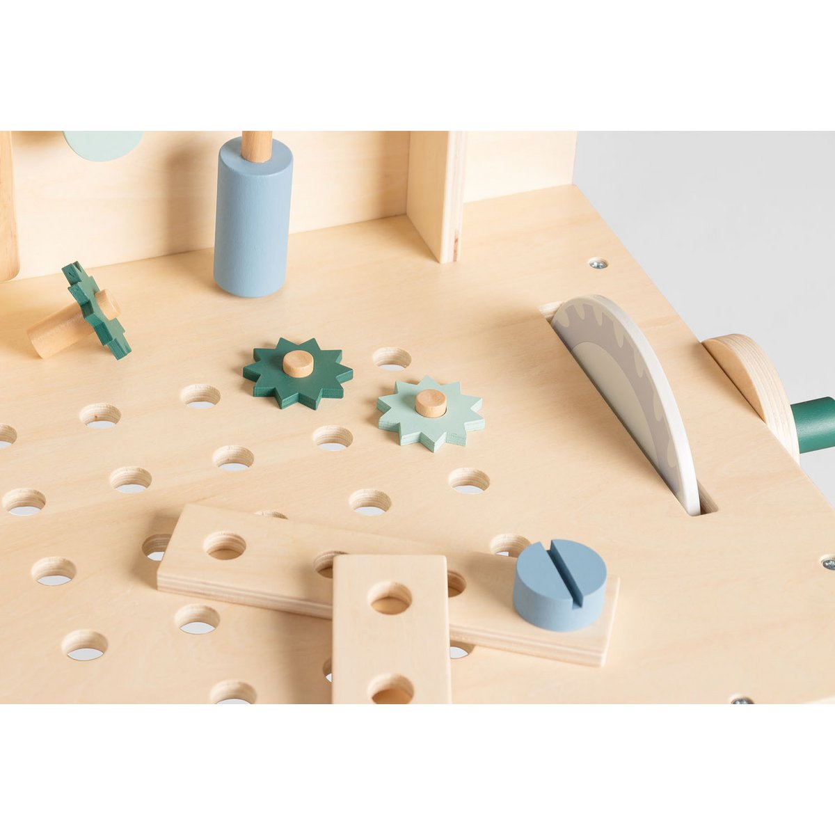 Werkbank 'Jupp' aus Holz, mit Kreissäge, Schraubstock, Zahnrädern, Werkzeugen und Ablagefächern, ideal für kleine Handwerker ab 3 Jahren