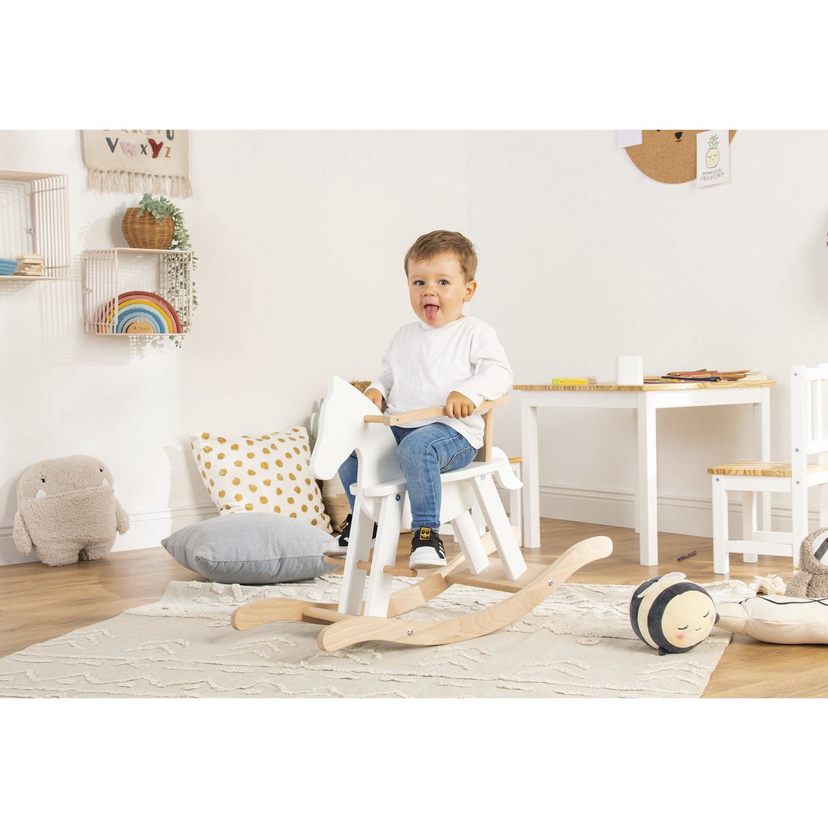 Schaukelpferd 'Pinolino' in Weiß und Naturholz, mit Sicherheitsring, für sicheren Schaukelspaß im Kinderzimmer