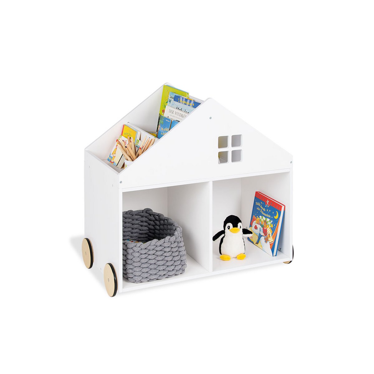 Kinder-Bücherregal 'Hus' auf Rollen, weiß lackiertes Holz, mit mehreren Fächern, für Bücher und Spielzeug