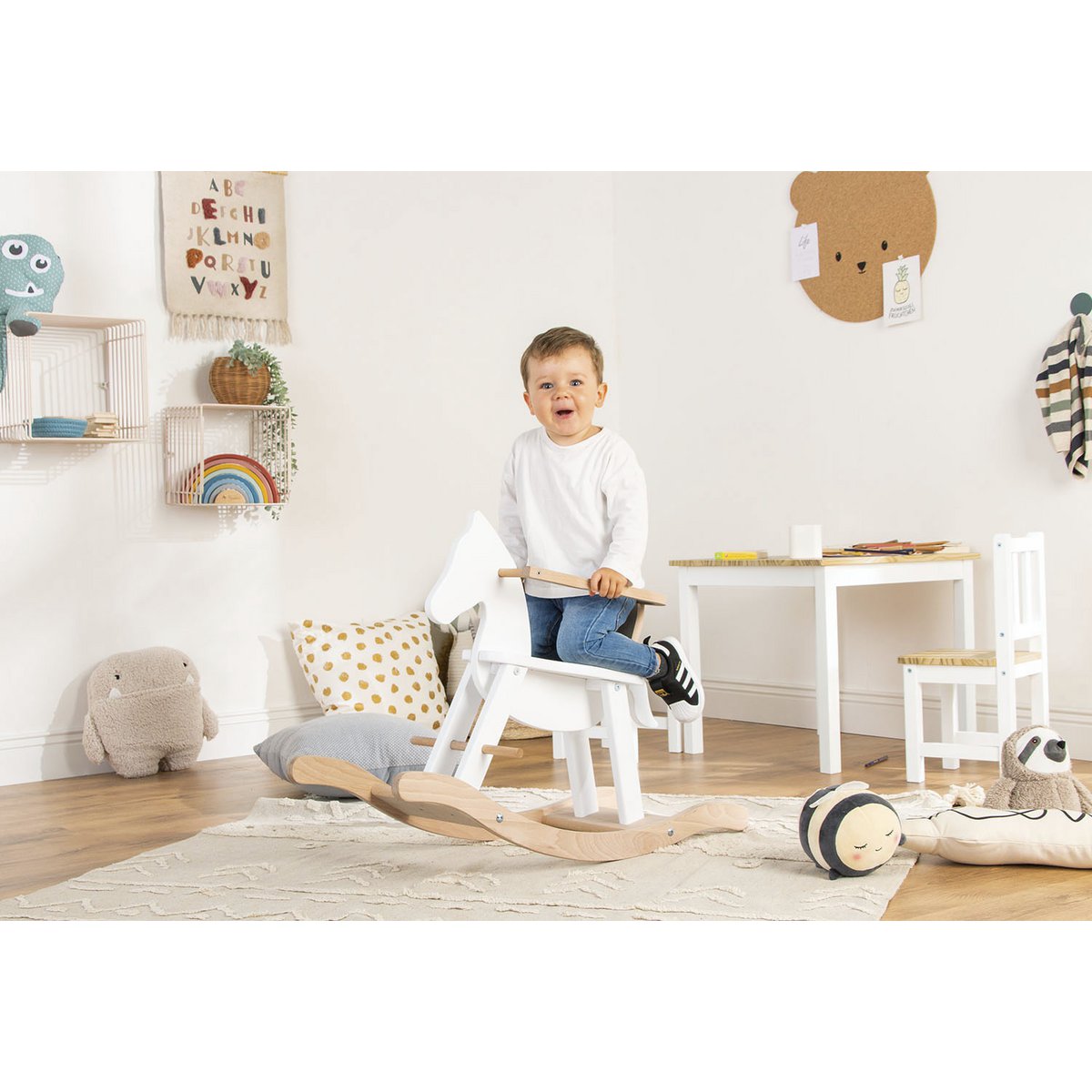 Schaukelpferd 'Pinolino' in Weiß und Naturholz, mit Sicherheitsring, für sicheren Schaukelspaß im kinderzimmer