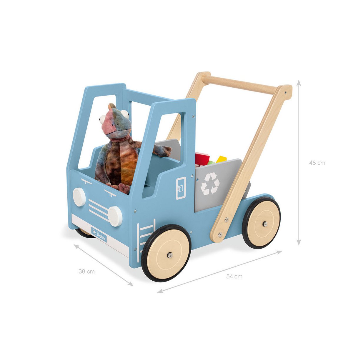„Lernlaufwagen 'Kipplaster Fred' in Blau, Holzspielzeug mit Ladefläche, ideal für erste Gehversuche. Maße: 48cm hoch, 54cm tief,38cm breit