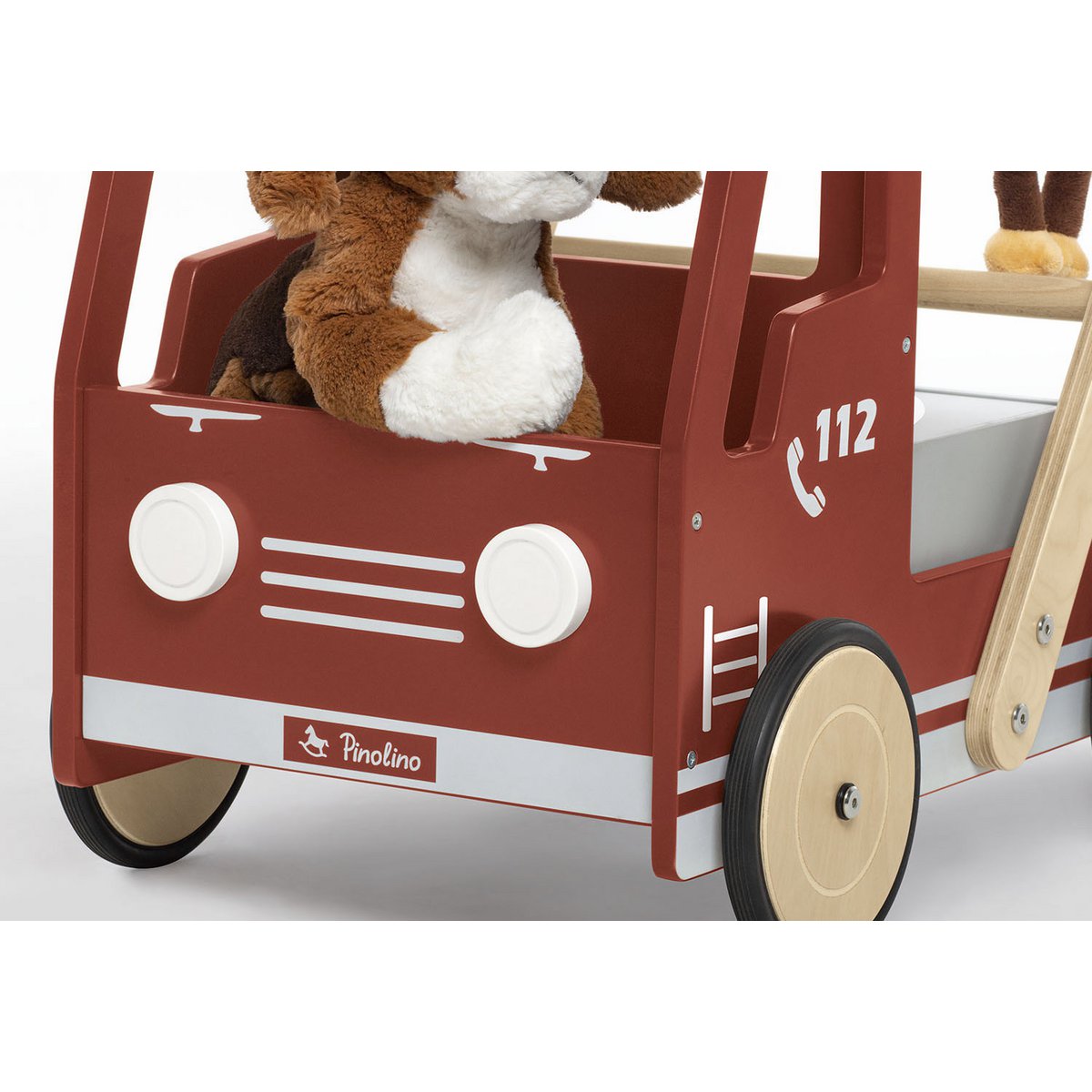 Lernlaufwagen 'Feuerwehrauto Fred' in Rot, Holzspielzeug mit aufgesetzten Scheinwerfern, Leiter und Sirenenmotiv, für Kleinkinder