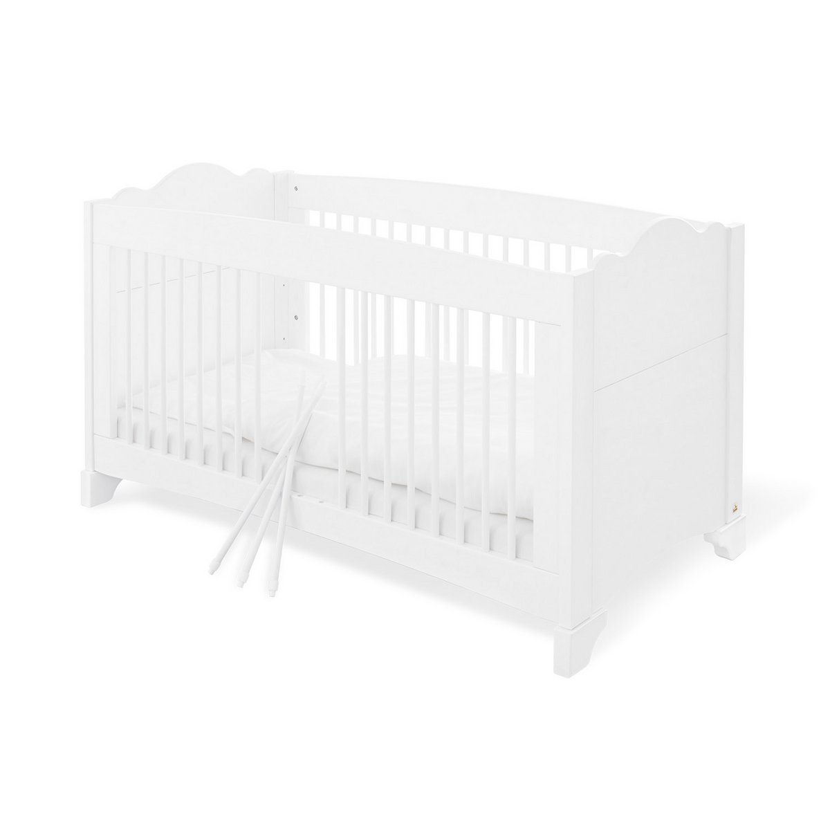 Starterset 'Pino', 2-teilig, bestehend aus weißem Kinderbett mit verstellbarem Lattenrost und herausnehmbaren Stangen, ideal für Babys und Kleinkinder