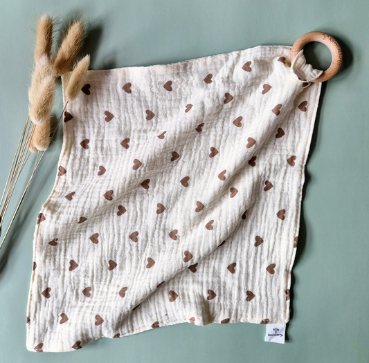 Kuscheltuch in Beige mit Beißring aus Buchenholz, weiches Musselintuch für Babys, abnehmbarer Beißring