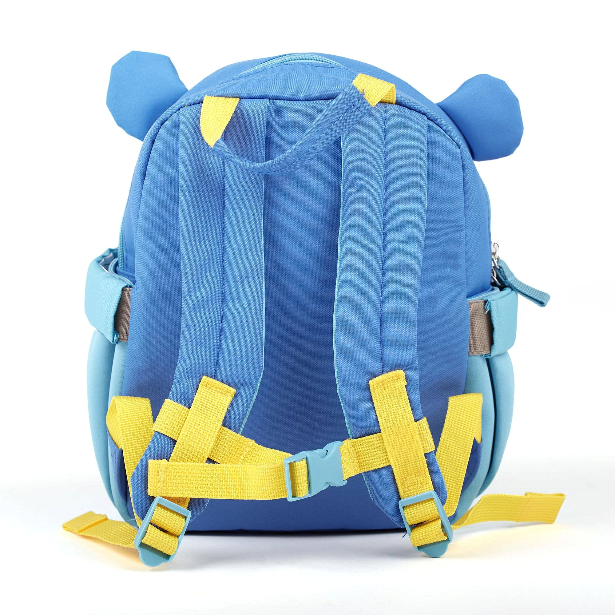 Hinteransicht : Weich gepolsterte Träger mit Brustgurt .Kinderrucksack Bär von Sigikid, blau mit plüschigen Bärenohren und geräumigem Hauptfach, ideal für Kinder