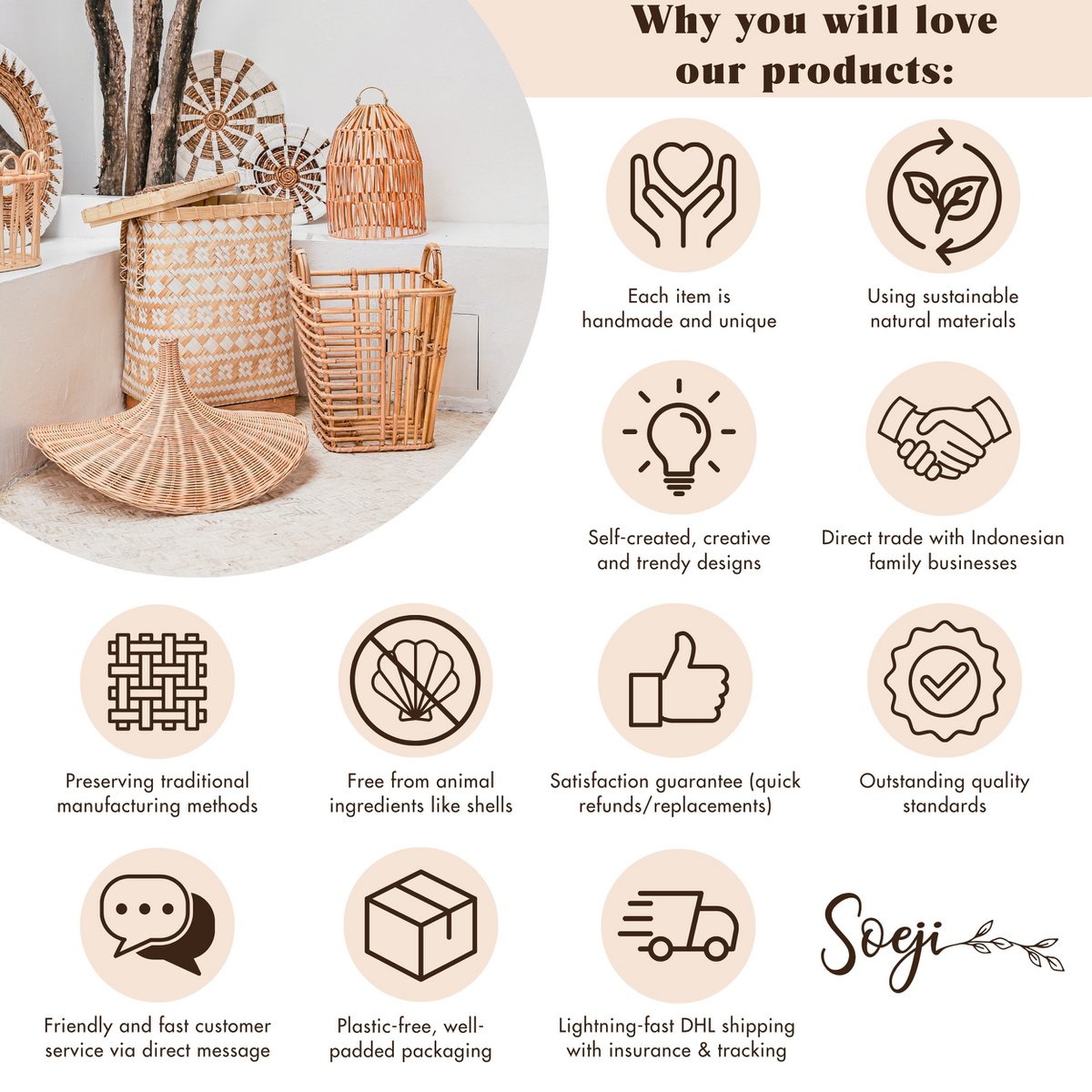Warum du unsere Produkte  lieben wirst,- handgemacht aus Naturmaterialien, trendy Designs, Qualität aus Traditionsbetrieben, frei von tierschen Stoffen.