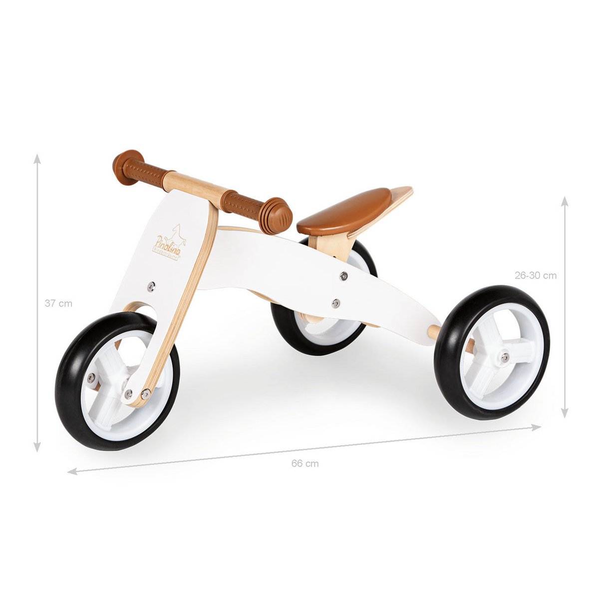 Mini-Dreirad 'Charlie' in Weiß und Naturholz, ergonomisches Design, ideal für kleine Kinder ab 1 Jahr. Maße: Sitzhöhenverstellbar von 26-30cm,66cm lang, 37cm Lenkradhöhe