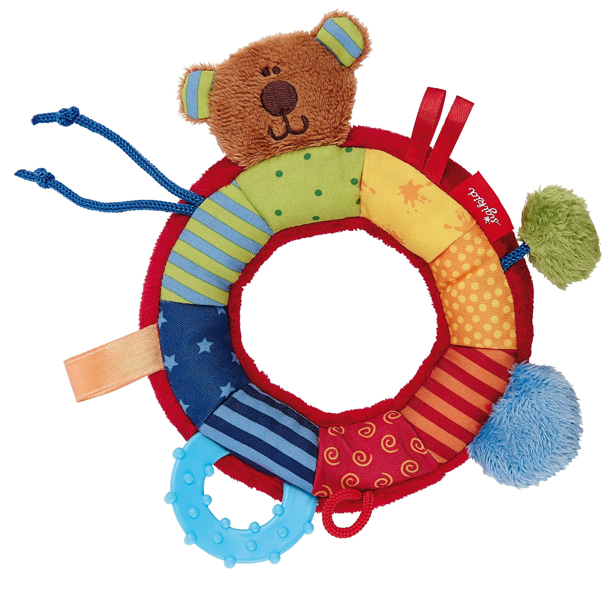 Babygreifling Bär, aus buntem Stoff, mit Rassel und Greifring, ideal für kleine Kinderhände. Vorderansicht