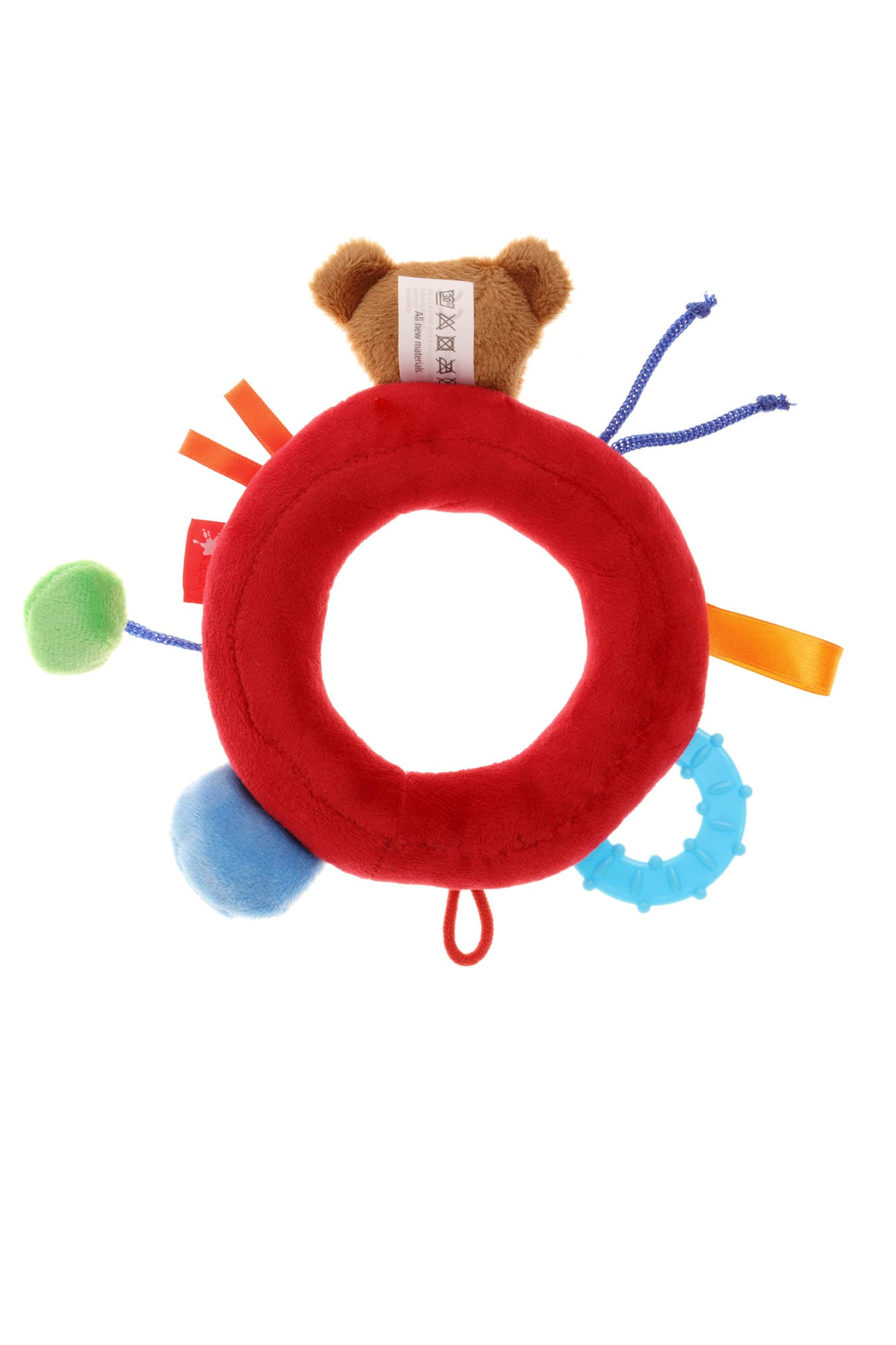 Babygreifling Bär, aus buntem Stoff, mit Rassel und Greifring, ideal für kleine Kinderhände. Hinteransicht rot