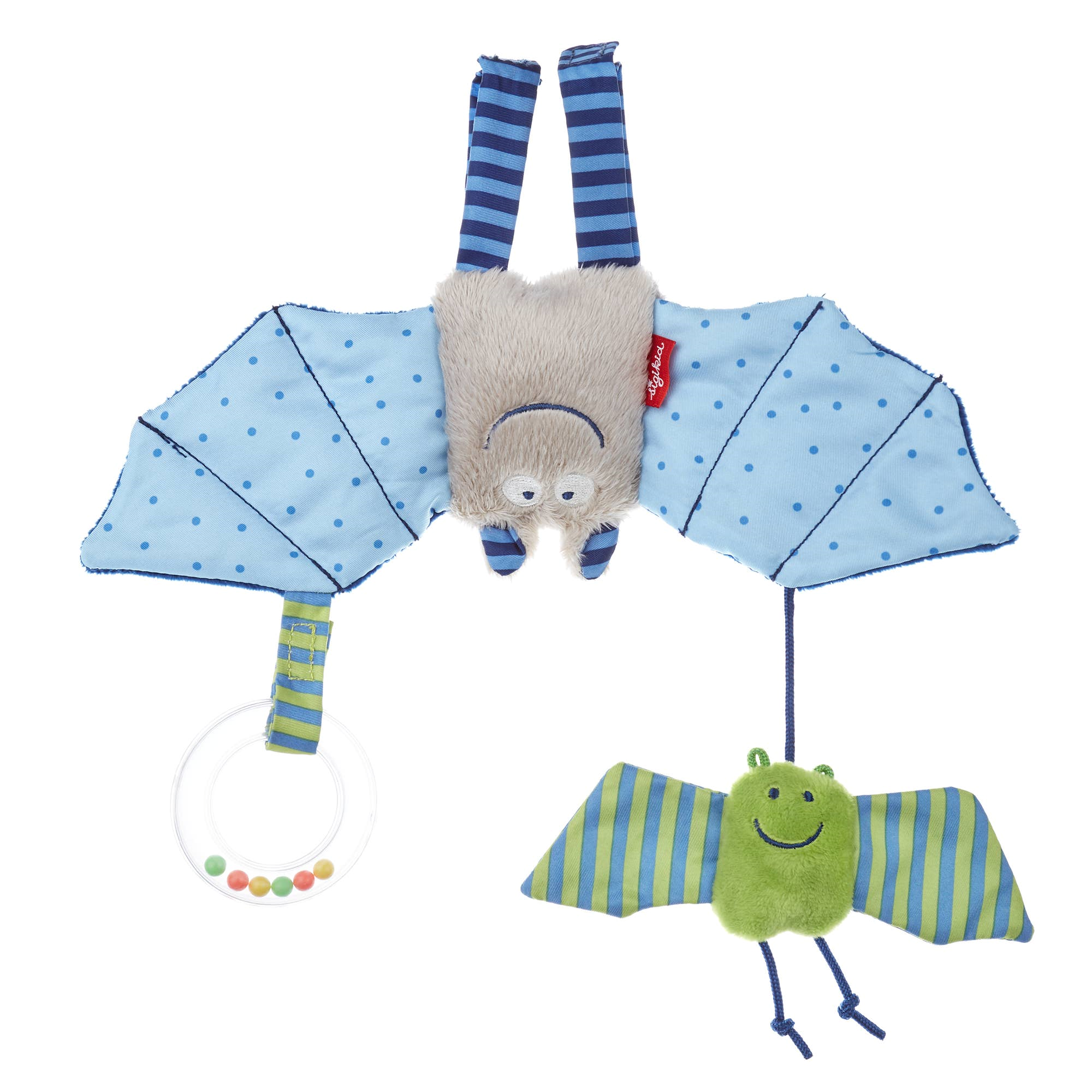 Babyanhänger Fledermaus in Blau, Plüschspielzeug mit Glöckchen, ideal für Babyschalen und Kinderwagen.