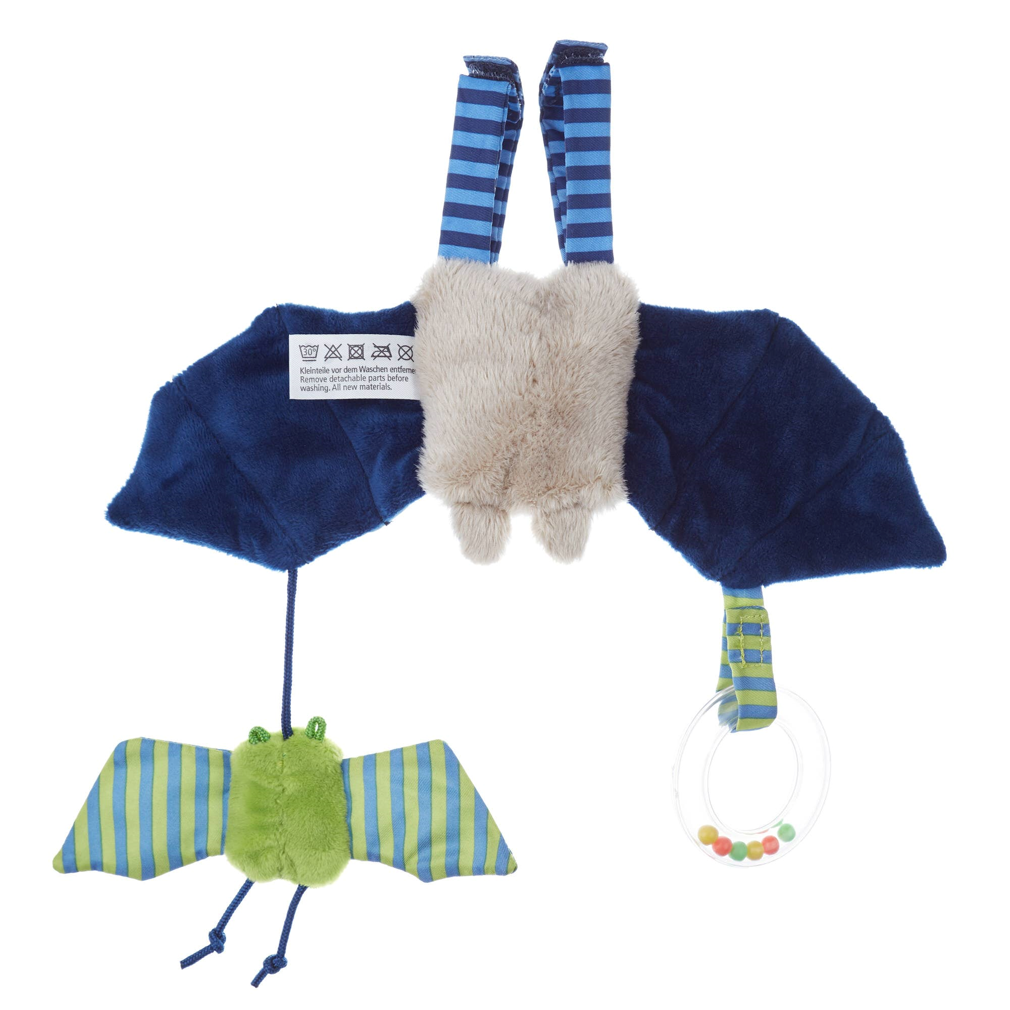 Rückansicht des Babyanhänger Fledermaus in Blau, Plüschspielzeug mit Glöckchen, ideal für Babyschalen und Kinderwagen.