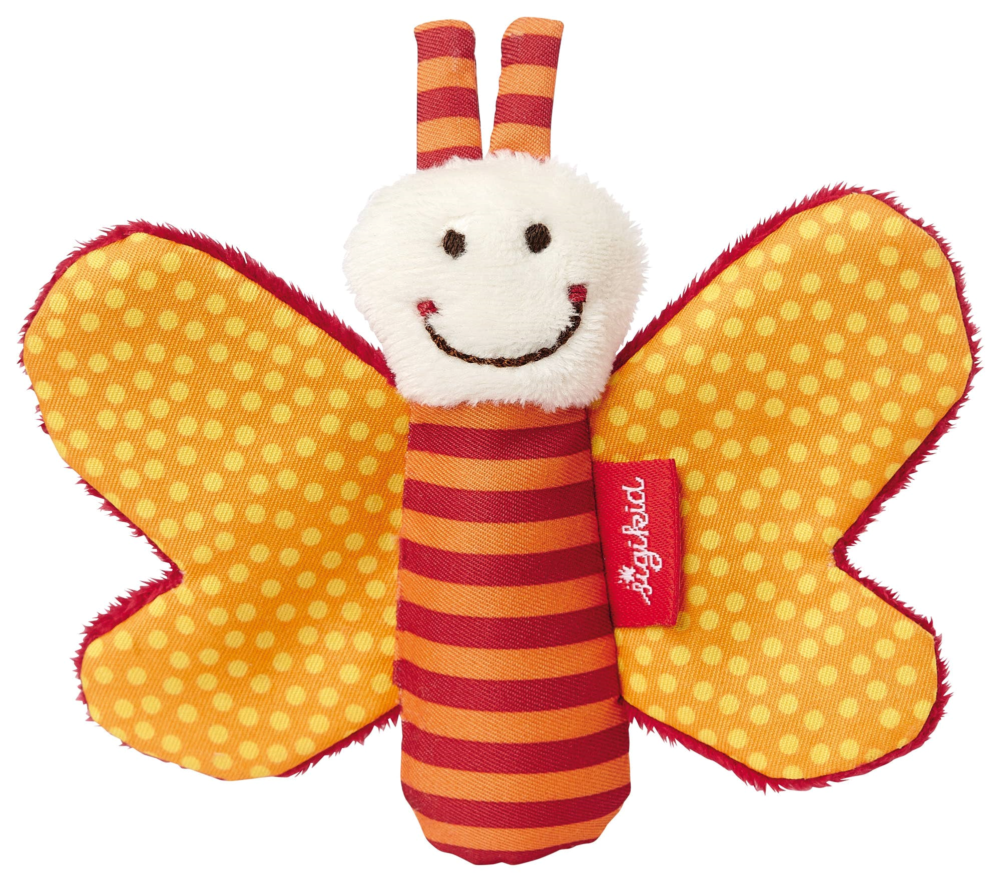 Greifling Schmetterling aus weichem Stoff, in Orange, mit knisternden Flügeln, Rassel- und Beißfunktion, für Babys