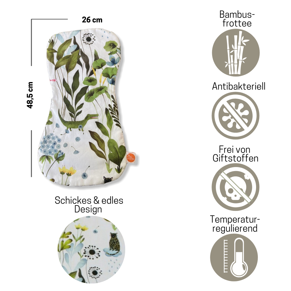 Highlights: nierenförmig – liegt optimal auf der Schulter Bambusfrottee: seidenweich, extra saugstark, antibakteriell & temperaturausgleichend praktisch für unterwegs!