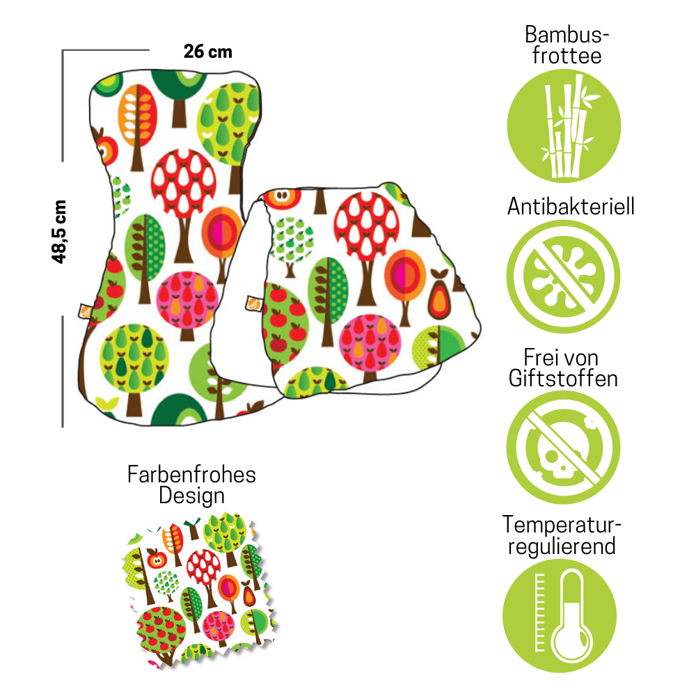 Highlights: nierenförmig – liegt optimal auf der Schulter Bambusfrottee: seidenweich, extra saugstark, antibakteriell & temperaturausgleichend praktisch für unterwegs! Material: Oberseite: Millemarille Design / Baumwolle Ökotex Standard 100 zertifiziert Unterseite: Bambusfrottee (Mischgewebe: 80% Bambus, 20% BioBaumwolle, Ökotex zertifiziert) Größe: 48,5 x 26cm Lieferumfang: 1 x Spucktuch